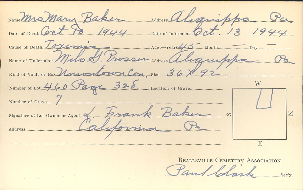 Mary Baker burial card